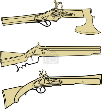 Illustration for Several antique flint short antique guns for hunting and war and self-defense - Royalty Free Image