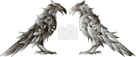 Téléchargez les illustrations : Deux corbeaux décoratifs du dieu Odin Hugin et Munin dessinés dans le style scandinave - en licence libre de droit