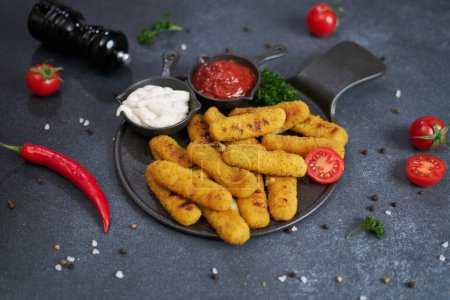 Cooked Mozzarella Cheese sticks with tartar and red tomato sauces on a plate.