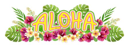 Flores tropicales. Aloha Hawaii saludo. Pintura acuarela dibujada a mano con flores de rosa de hibisco chino, frangipani y hojas de palma. Elemento frontera de diseño.
