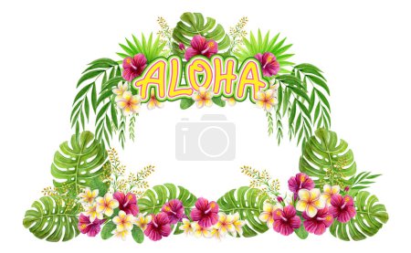 Téléchargez les photos : Cadre tropical Aloha Hawaii salutation. Peinture aquarelle dessinée à la main avec des fleurs chinoises d'Hibiscus rose, frangipani et feuilles de palmier. - en image libre de droit