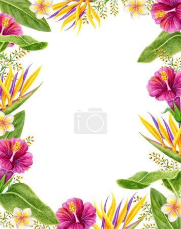 Foto de Marco tropical. Pintura acuarela dibujada a mano con hibisco, strelitzia, flores de aves paradisíacas y hojas de palma. Aloha Hawaii saludo. - Imagen libre de derechos