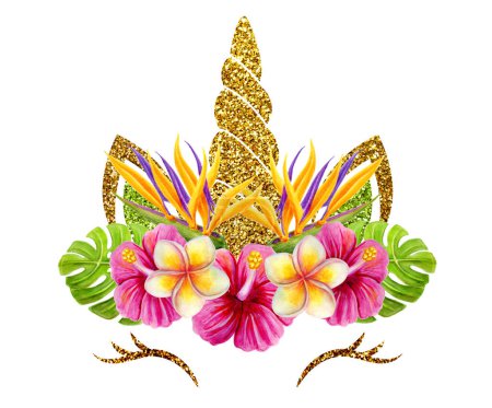 Photo for Fabulous cute unicorn face with golden gilded horn and beautiful tropical hawaiian flowers wreath isolated on white background - Royalty Free Image