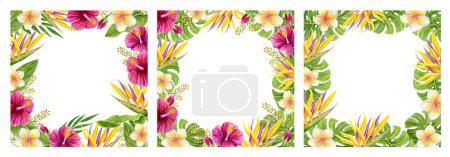 Foto de Conjunto de marco tropical. Pintura acuarela dibujada a mano con hibisco, strelitzia, flores de aves paradisíacas y hojas de palma. Aloha Hawaii saludo. - Imagen libre de derechos