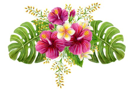 Tropical bouquet. Hand drawn watercolor painting with pink chinese hibiscus rose flowers, frangipani and palm leaves isolated on white background. Floral summer composition. Design element.