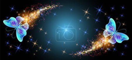 Illustration for Flying delightful magical butterflies with sparkle and blazing trail flying in night sky among shiny glowing stars in cosmic space. Love and romance concept. - Royalty Free Image