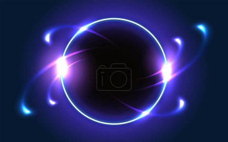 Glowing blue round frame on dark fantastic background. Abstract neon space portal into another dimension.
