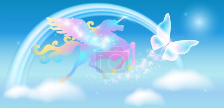 Téléchargez les illustrations : Pegase licorne irisée galopante et arc-en-ciel dans le ciel bleu sur le fond de l'univers fantastique avec des nuages et des étoiles scintillantes. - en licence libre de droit