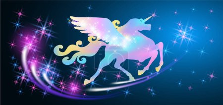 Ilustración de Cuento de hadas Unicornio con alas contra el telón de fondo de una noche mágica cielo estrellado. - Imagen libre de derechos