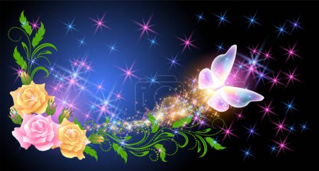 Flying transparent delightful butterfly with sparkle and blazing trail flying out of rose flowers among shiny glowing stars in cosmic space. Animal protection day concept.
