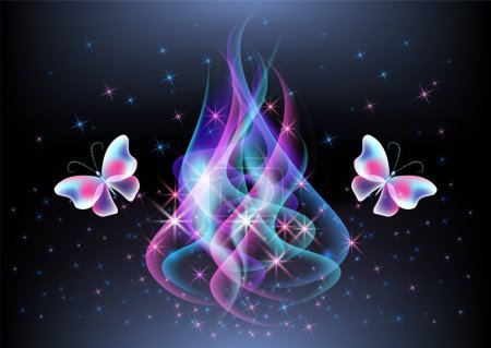 Glowing fairytale wave smoke with magical transparent butterflies against the background of the starry night sky. Abstract fantastic background.