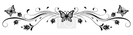 Illustration for Decorative floral ornament with  butterflies, leaves, flowers and abstract lines. Element for decor and greeting or invitation card design - Royalty Free Image