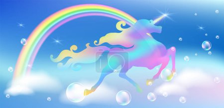 Ilustración de Unicornio con lujosa melena sinuosa con burbujas voladoras sobre el fondo del universo de fantasía con estrellas brillantes, nubes y arco iris. Unicornio iridiscente galopante. - Imagen libre de derechos