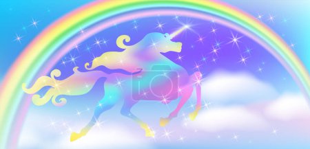 Ilustración de Unicornio con lujosa melena en el fondo del universo de fantasía con estrellas brillantes, nubes y arco iris. Unicornio iridiscente galopante. - Imagen libre de derechos