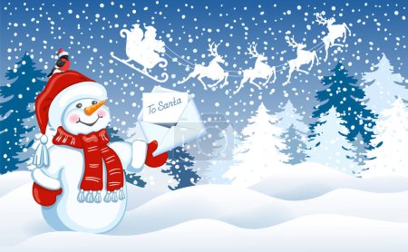 Illustration for Funny Snowman with Santa letter against winter forest background and Santa Claus in sleigh with reindeer team flying in the sky. Christmas card. - Royalty Free Image