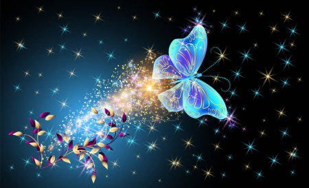 Fliegender zauberhafter Schmetterling mit Funkeln und glühender Spur, der am Nachthimmel zwischen glänzend leuchtenden Sternen im kosmischen Raum fliegt. Konzept Liebe und Romantik.