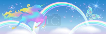 Ilustración de Unicornio con lujosa melena sinuosa sobre el fondo del universo de fantasía con estrellas brillantes, mariposas, nubes y arco iris. Unicornio iridiscente galopante. - Imagen libre de derechos