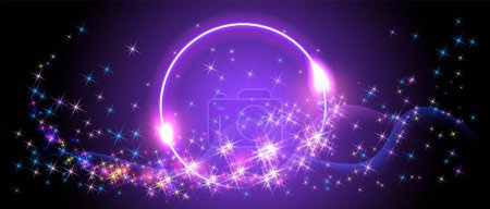 Abstract fantastic background with neon glowing round frame and shiny light space portal into another dimension. Night glowing stars.