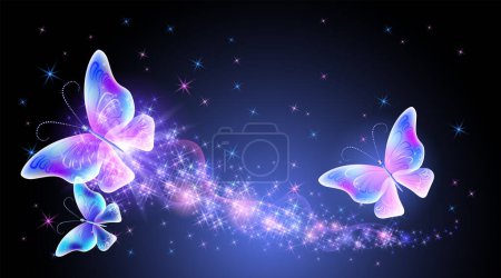 Magische Schmetterlinge mit Fantasie funkeln und glühenden Spuren und leuchtenden Sternen auf dunklem Nachthintergrund