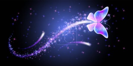 Magic butterfly with fantasy sparkle and blazing trail and glowing stars on dark night background