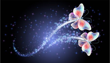 Magische Schmetterlinge mit Fantasie funkeln und glühenden Spuren und leuchtenden Sternen auf dunklem Nachthintergrund