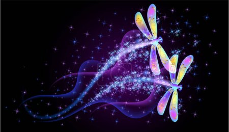 Magic dragonflies with fantasy sparkle and blazing trail and glowing stars on dark night background