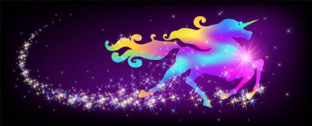 Galoppierendes schillerndes Einhorn mit luxuriöser Wickelmähne vor dem Hintergrund des Fantasieuniversums mit funkelnden Sternen.