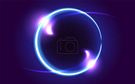 Leuchtend blauer runder Rahmen auf dunklem, fantastischem Hintergrund. Abstraktes Neon-Raumfahrtportal in eine andere Dimension.