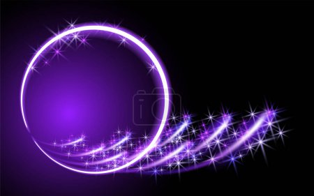 Glowing mgic round frame with sparkle stars on dark fantastic background. Abstract neon space portal into another dimension.