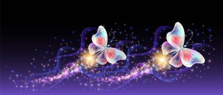 Fliegen entzückende magische Schmetterlinge mit Funkeln und lodernden Pfaden, die am Nachthimmel zwischen leuchtenden Sternen im kosmischen Raum fliegen. Konzept Liebe und Romantik.