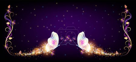 Fliegende transparente reizvolle Schmetterlinge mit Funkeln und lodernden Pfaden fliegen am Nachthimmel zwischen glänzend leuchtenden Sternen im kosmischen Raum. Konzept zum Tierschutztag.