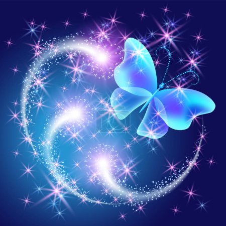 Fliegender Schmetterling mit Funkeln und glühender Spur und glitzernden Sternen