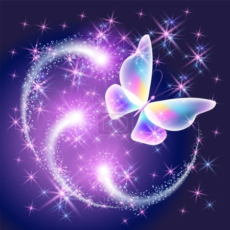 Fliegender Schmetterling mit Funkeln und glühender Spur und glitzernden Sternen