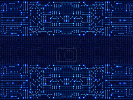 Electronic circuit frame on binary code background. High tech concept. Glowing digital banner. Future technologies.