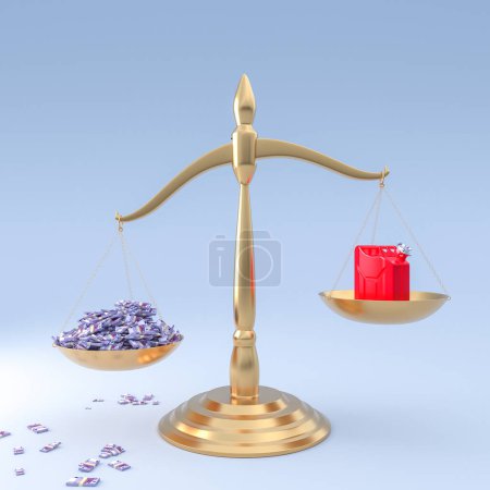 Photo for Scales of justice with money and petrol can. 3d render - Royalty Free Image