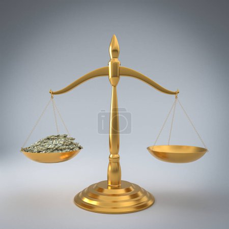 Photo for Gold scales of justice with dollar money wads. 3d render - Royalty Free Image