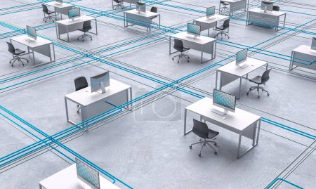 Foto de Puestos de trabajo de oficina divididos en sectores con cables Ethernet. 3d renderizar - Imagen libre de derechos