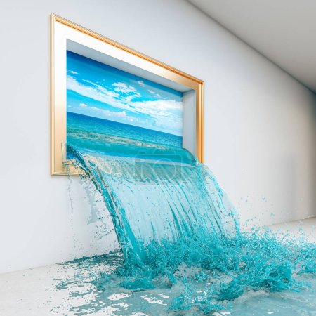 Foto de Pintura con panorama del mar desde el que fluye el agua e inunda la habitación. 3d renderizar - Imagen libre de derechos