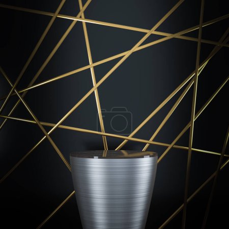 Téléchargez les photos : Podium conique en acier avec fond sombre et doré. 3d rendu - en image libre de droit