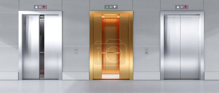 Téléchargez les photos : Ascenseurs en acier et en or, les portes s'ouvrent différemment. 3d rendu - en image libre de droit