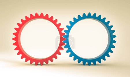 Photo for Red and blue gears on a neutral background. 3d render - Royalty Free Image