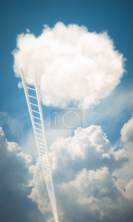 Téléchargez les photos : Longue échelle atteignant un nuage dans le ciel. 3d rendu - en image libre de droit