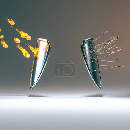 Téléchargez les photos : Boucliers métalliques frappés par des boules de feu et des flèches. 3d rendu - en image libre de droit