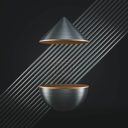 Photo for Abstract background with steel and gold hemisphere and cone. 3d render - Royalty Free Image