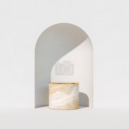 Foto de Pedestal de mármol con tapa dorada en nicho blanco. 3d renderizar - Imagen libre de derechos