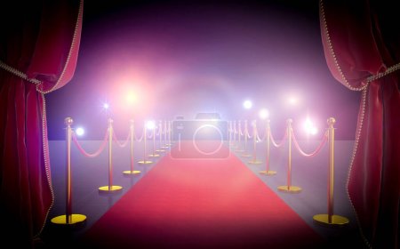 Photo for Red carpet with corded barriers satin curtains and flashes on the black background. 3d render - Royalty Free Image