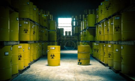 Foto de Depot with storage of yellow barrels with radioactive and harmful waste. 3d render - Imagen libre de derechos