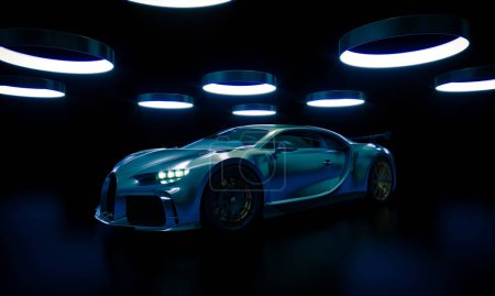 Foto de Elegant sports car and circular lights on the ceiling. 3d render - Imagen libre de derechos