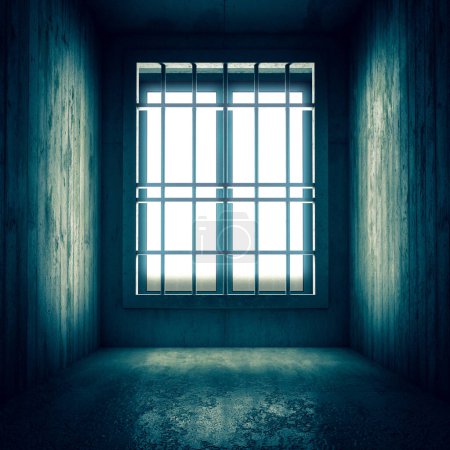 Foto de Concrete prison cell interior and bars at bright window. 3d render - Imagen libre de derechos