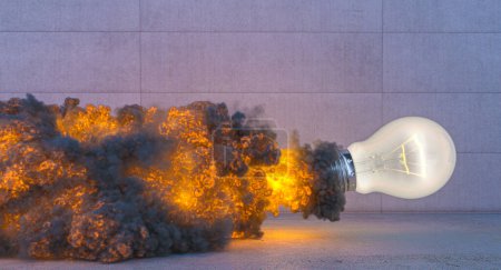 Foto de Light bulb with flame and smoke, concrete background. 3d render - Imagen libre de derechos